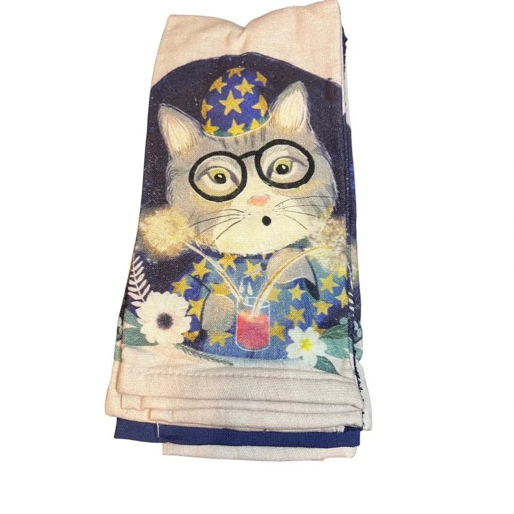 Novelty Cat in Wizard Hat Kitchen Towel Set, Decorative Linen Towels